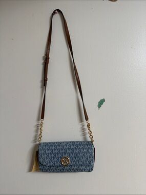Michael Kors blue Denim MK Logo Crossbody with Brown Leather Strap